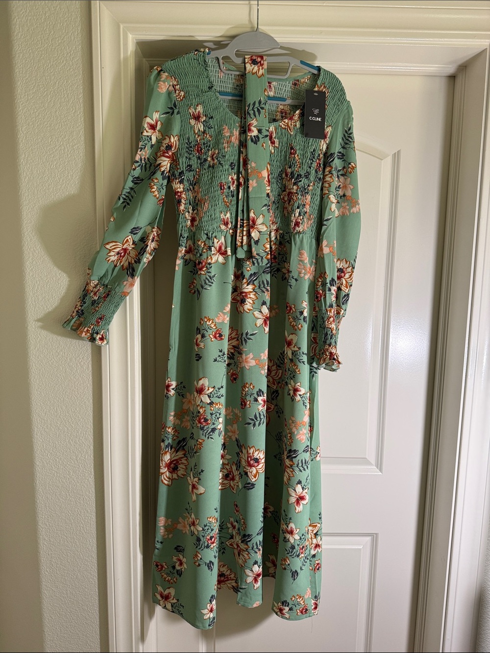 Sage Green Floral Long Sleeve Midi Dress